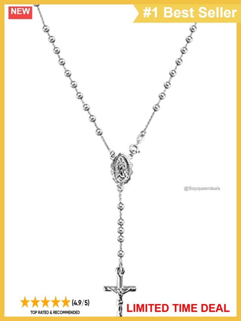 925 Sterling Silver Italian Bead Chain Cross Rosary Virgin Mary Y Necklace
